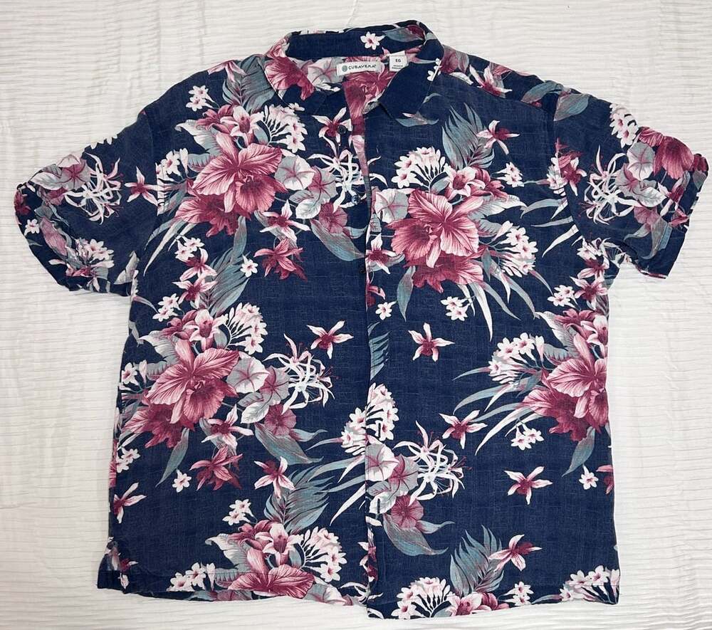 Cubavera Floral Hawaiian Shirt Size EG Blue Short Sleeve Button Up